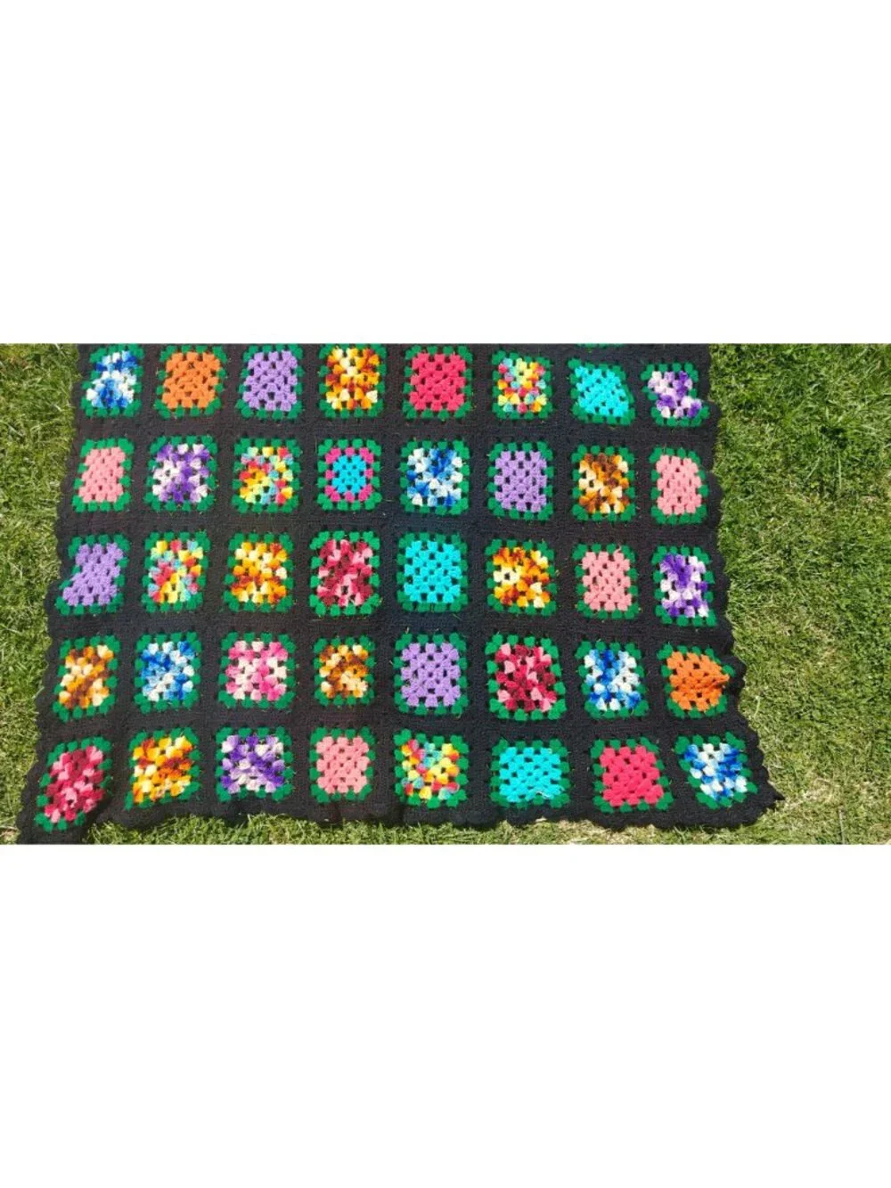 Handmade Vintage Crochet Afghan Blanket Multicolor Granny Square Black Large